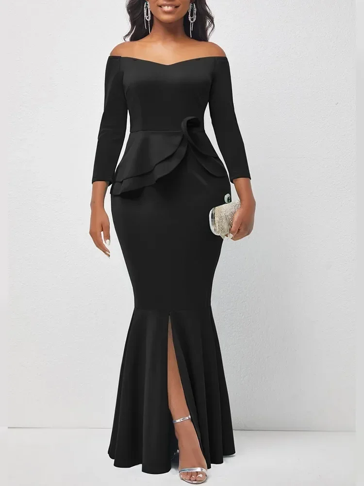 2025 vestidos de verão para mulheres sólido fora do ombro babados split vestido de noite casual elegante maxi robe feminino