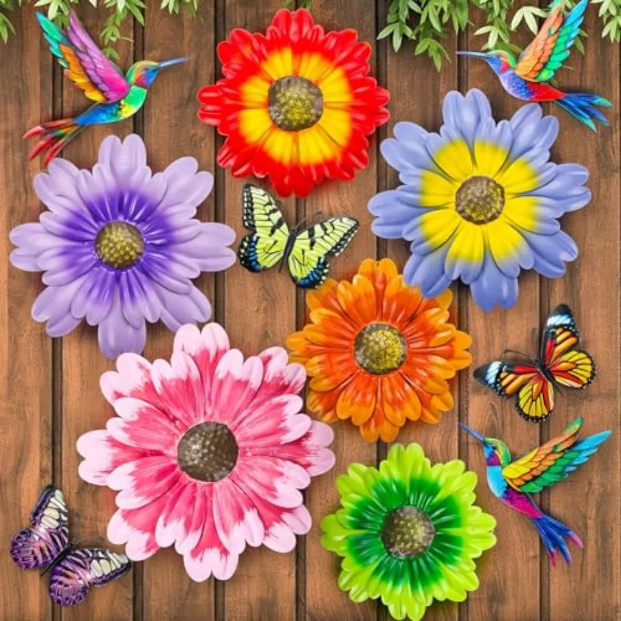 

12 Pack Metal Flowers Butterfly Hummingbird Wall Art Decor 3D Metal Outdoor Wall Hanging Sculptures Decoration for Outdoor Gard