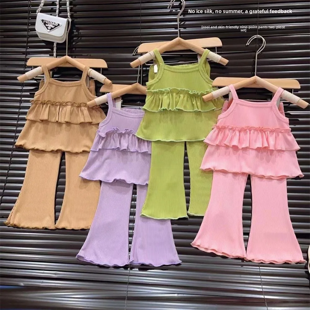 2pcs  Girl's Suit Summer Solid Color Children's Clothes Elegant Button Up Sleeveless Top + Trousers Elastic Waist Soft