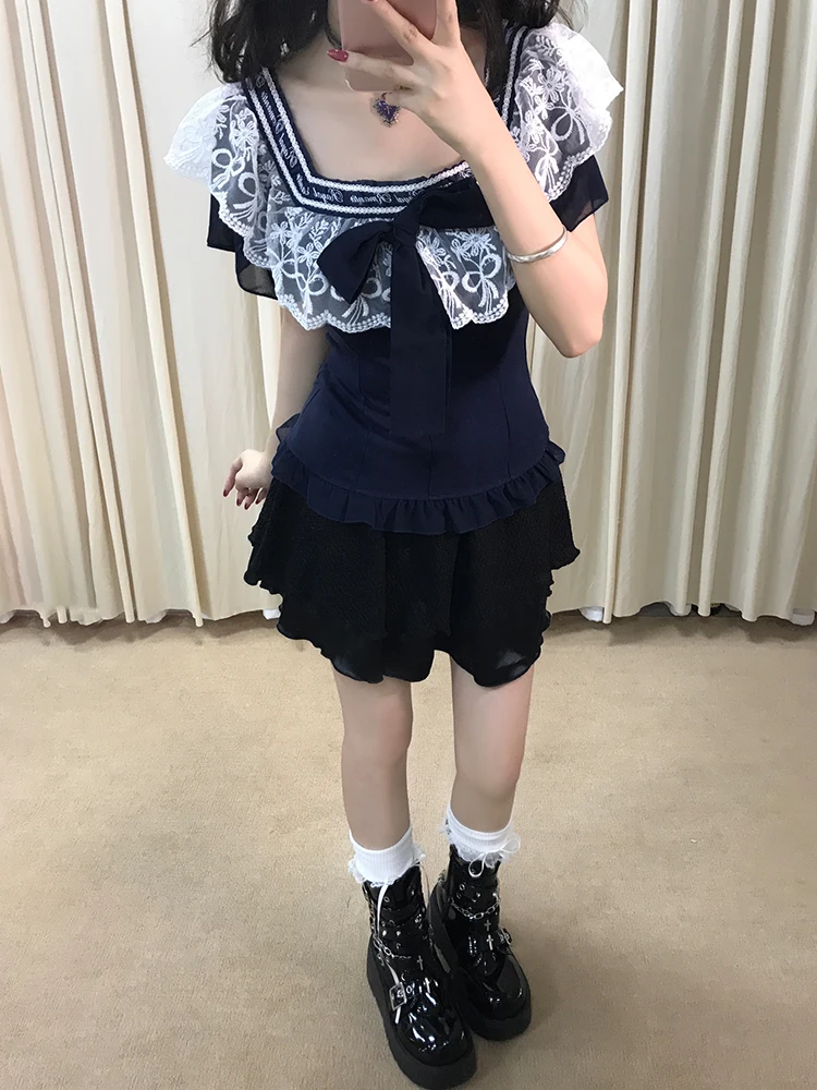 Sommer 2022, neue Spitze, Spleißen, quadratischer Kragen, Taille, Cinching-Top, hohe Taille, schlankmachender Rock, ort Dring, zweiteiliges Set für...