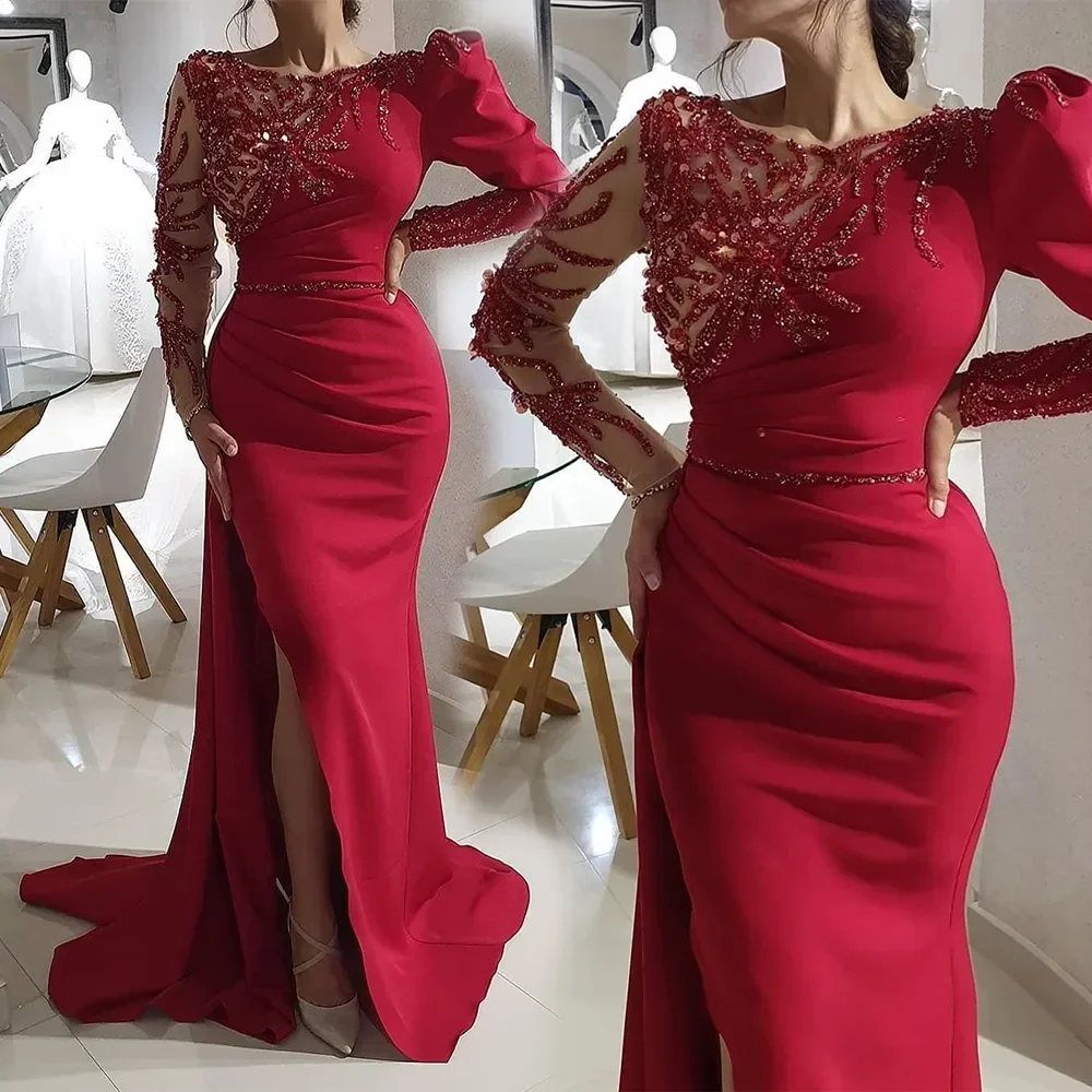 Mermaid Luxury Evening Dress Sparkling Decal Long Sleeve Sexy Sweep Train Side Slit Ladies Robe