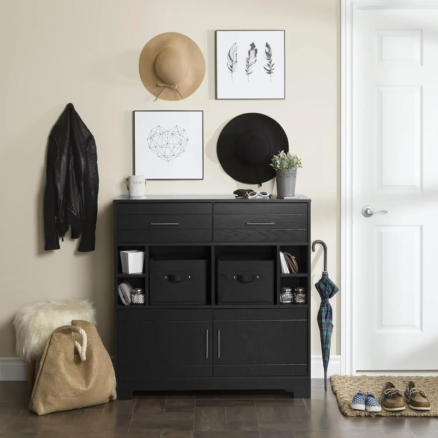 Vietti Bar Cabinet With Liquor And Wine Bottle Storage With Drawers Black Oak With Metal Handles 17\