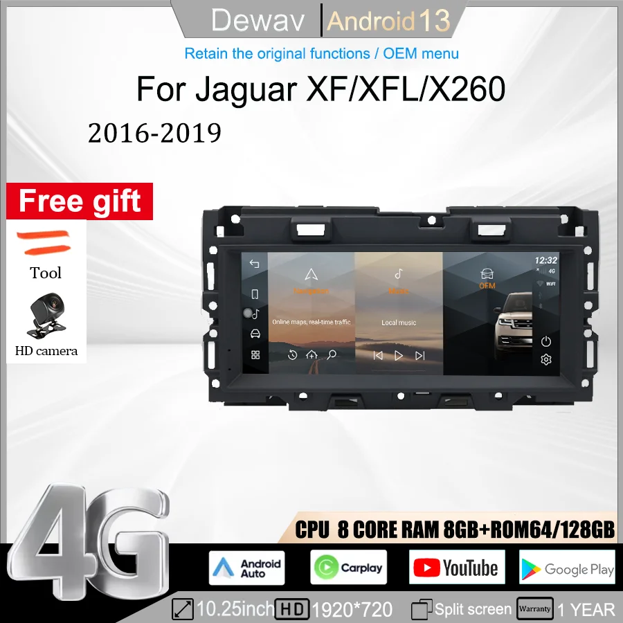 

10.25-inch Multimedia Player For 2016-2019 Jaguar XFL/X260 Radio with 4G Carplay retains OEM menu Qualcomm Android 13