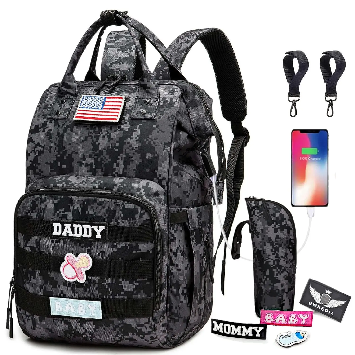 

Military Camo Diaper Backpack with USB Charging, Insulated Pockets, and Stroller Straps for Parents