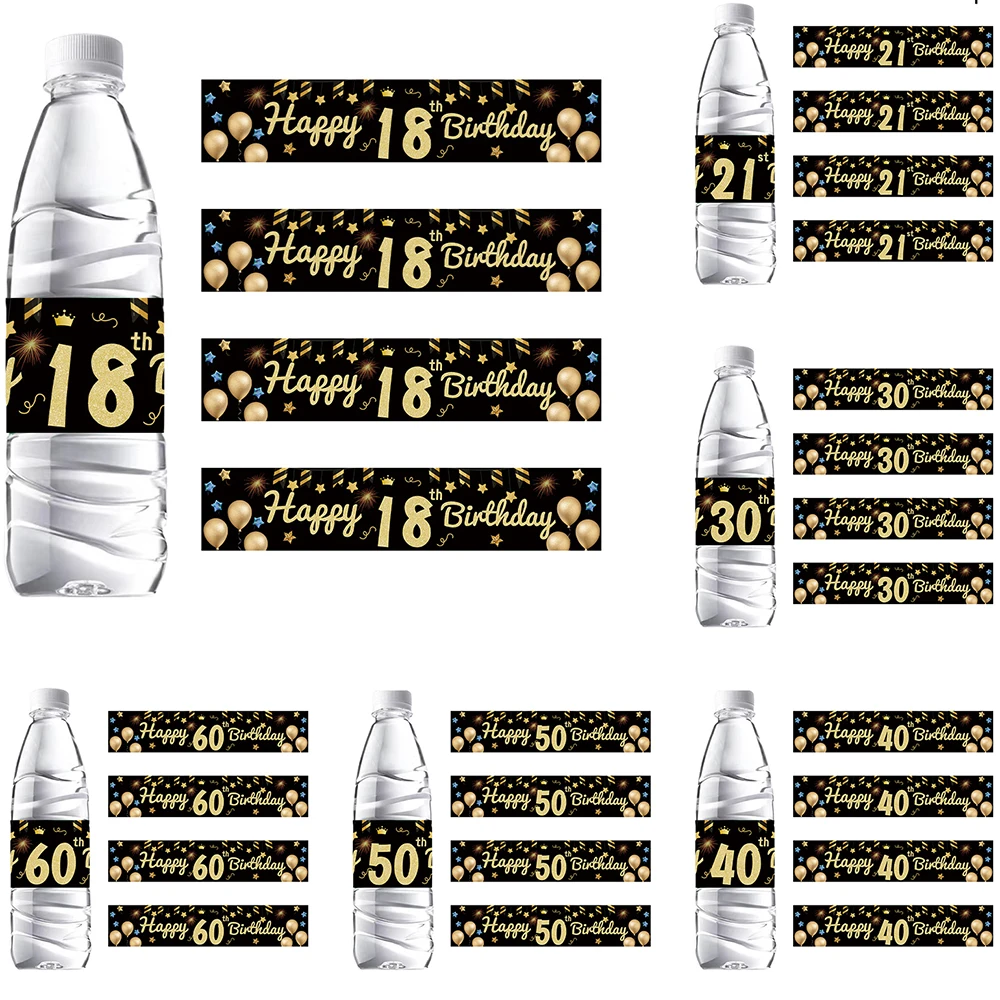 24 pezzi nero 18° 21° 30° 40° 50° 60° 70° 80° anni etichetta per bottiglia d'acqua adesivo autoadesivo decorazione festa di compleanno