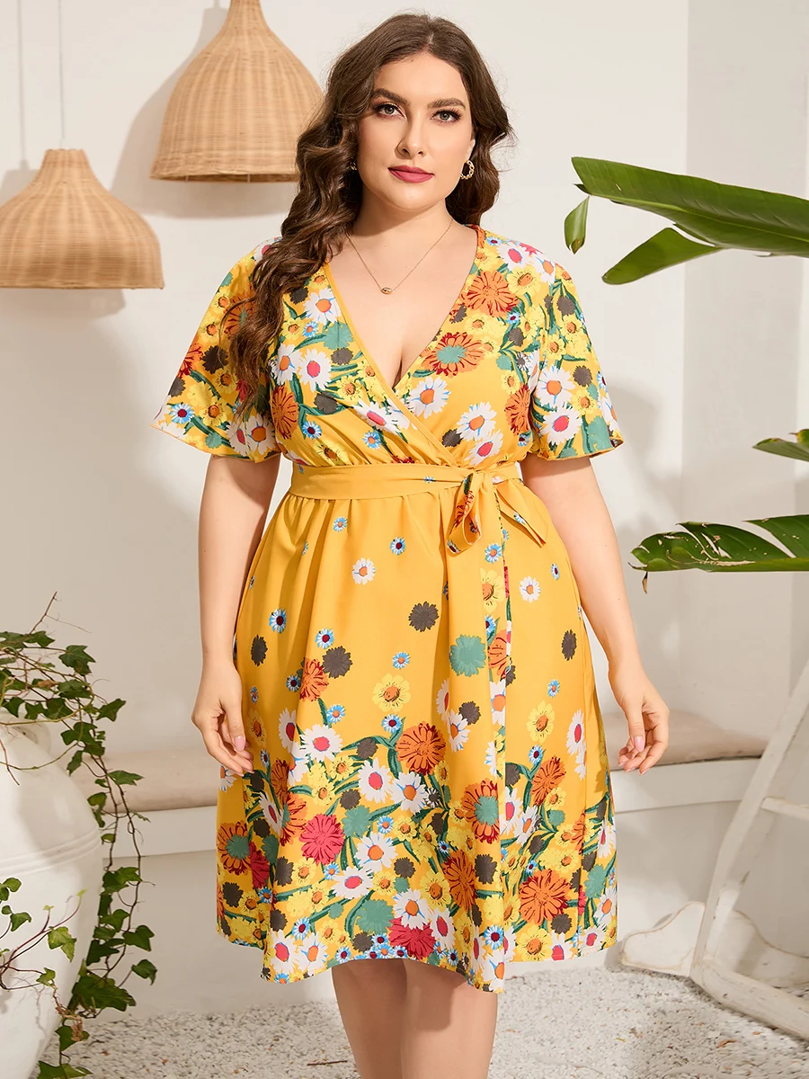 knee length dresses for ladies Yellow Black Polka Dot Dress with Sleeves | Midi main image 1