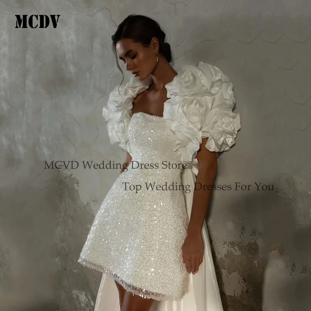 

MCDV Fashion Wedding Dress Strapless Short Sequin A-Line Bride Customized Marriage Gown with Flower Jacket and Sweep Train