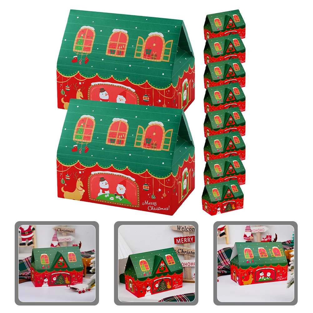 

10pcs House Shape Xmas Paper Gift Box Treat Goody Candy Christmas Party Paper Treat Candy Boxes Christmas Gift Box