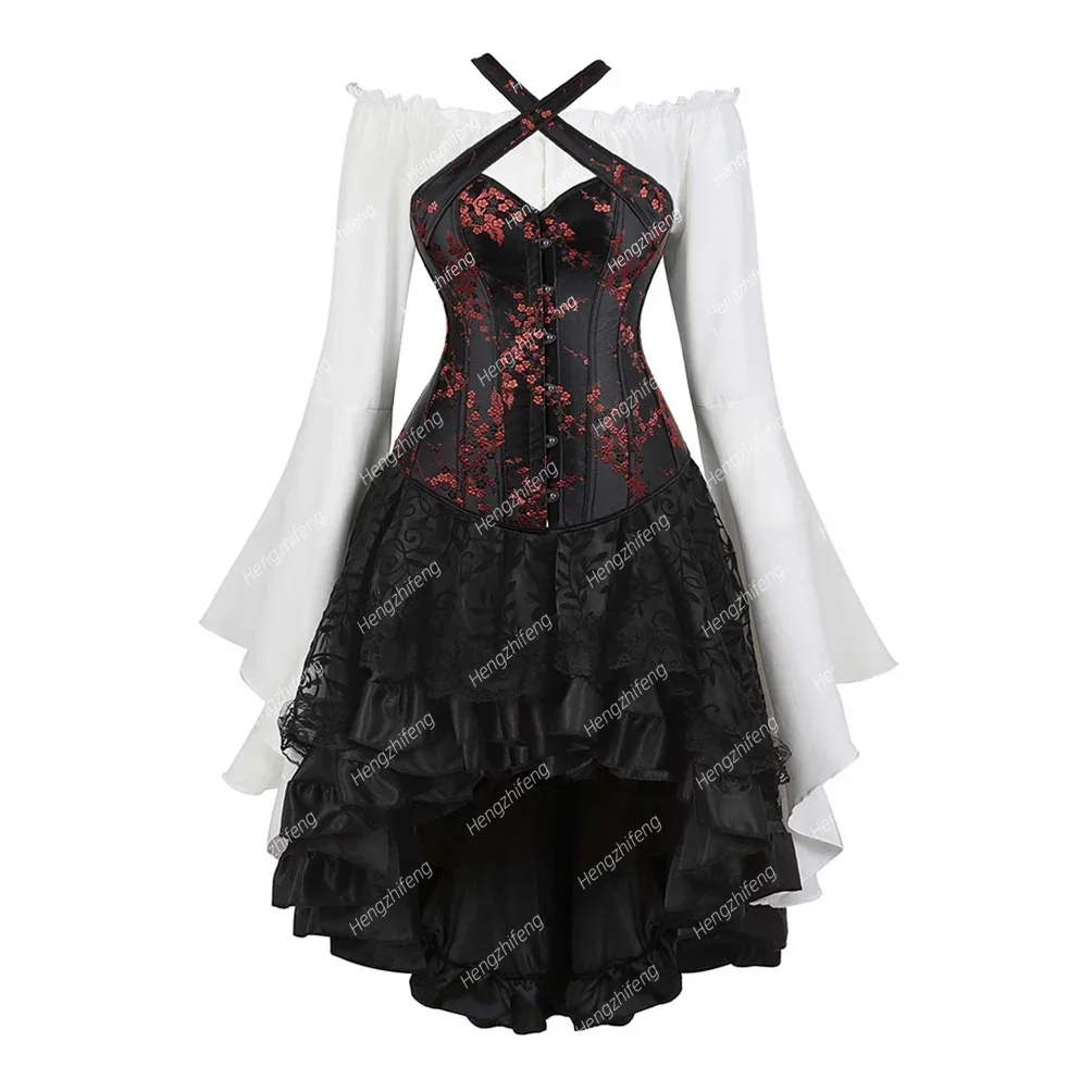 

Burlesque Corset Skirt and Blouse Set 3 Piece Gothic Lace Bustier Embroidered Bustiers Wedding Corsets Renaissance Costume Women