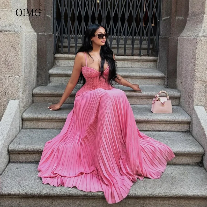 Oimg rosa quente renda cinta de espaguete uma linha vestidos de baile maxi querida pescoço vestido de festa até o chão vestido de noite personalizado