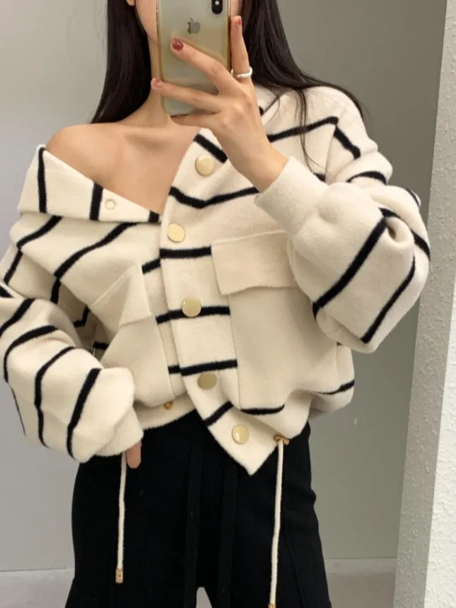 Chic Autumnal Vintage Age-defng Loose Casual Large ket Dstring Long Sve Striped Jaet lavorato a maglia con cappuccio per donna