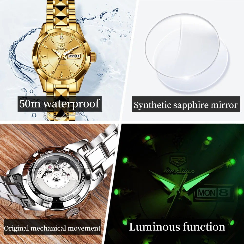 JSDUN Automatic Watch for Women Tungsten steel Strap Sapphire Crystal Mirror Luxury Elegant Ladies Watches Waterproof Wristwatch