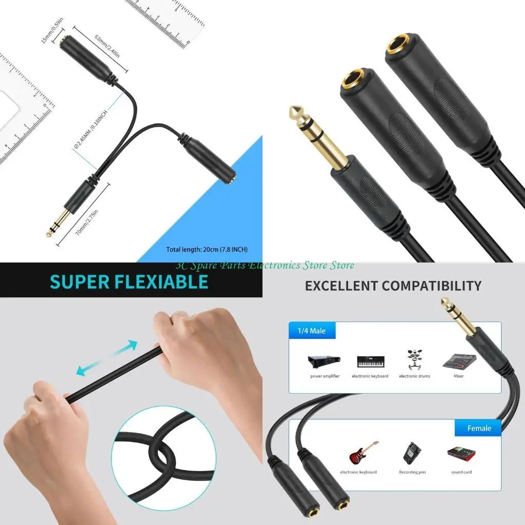 SZ 6.35mm Splitter 1 Male to 2 Female Adapter Cable Gold Plate Connectors