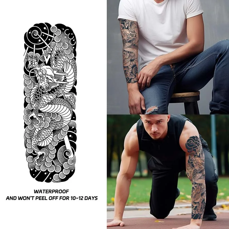 Dragon Full Arm Waterproof Temporary Tattoo Sticker, Long-lasting for 1-2 weeks, Realistic Semi-Permanent Fake Tattoo