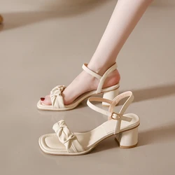 Fairy Style Fashion Square Toe Women Sandals Elegant Leather Pleated Ankle Buckle Strap Thick High Heels Party Wedding Shoes