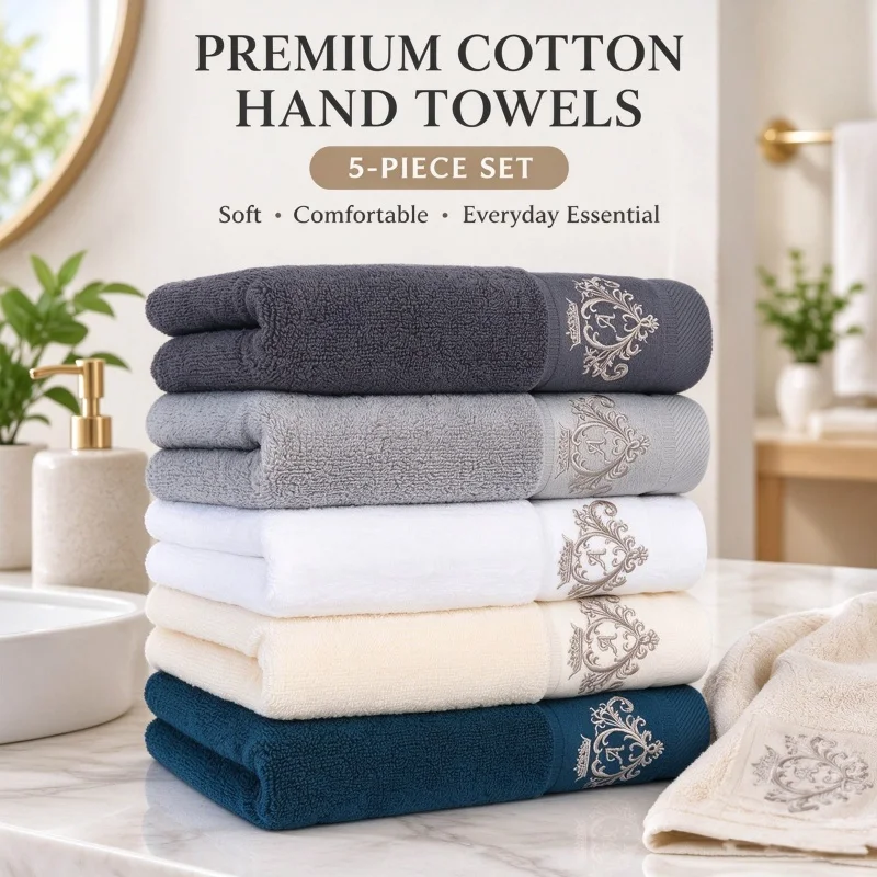 5 Piece Cotton Towel Set 13.8'' x 29.5'' Hand Towel Soft Skin-Friendly Towels Absorbent Quick Drying Washcloth for Home, Gym