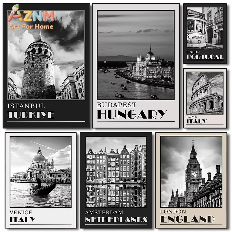 AZNM Black and White Photo Travel Posters Around the World Photograph Prints Canvas Painting Wall Art Home Room Decoration