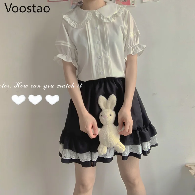 Japanese Sweet Lolita Style Blouses Women Kawaii Peter Pan Collar JK Shirts Girls Cute Ruffles Short Puff Sleeve Blusas Mujer