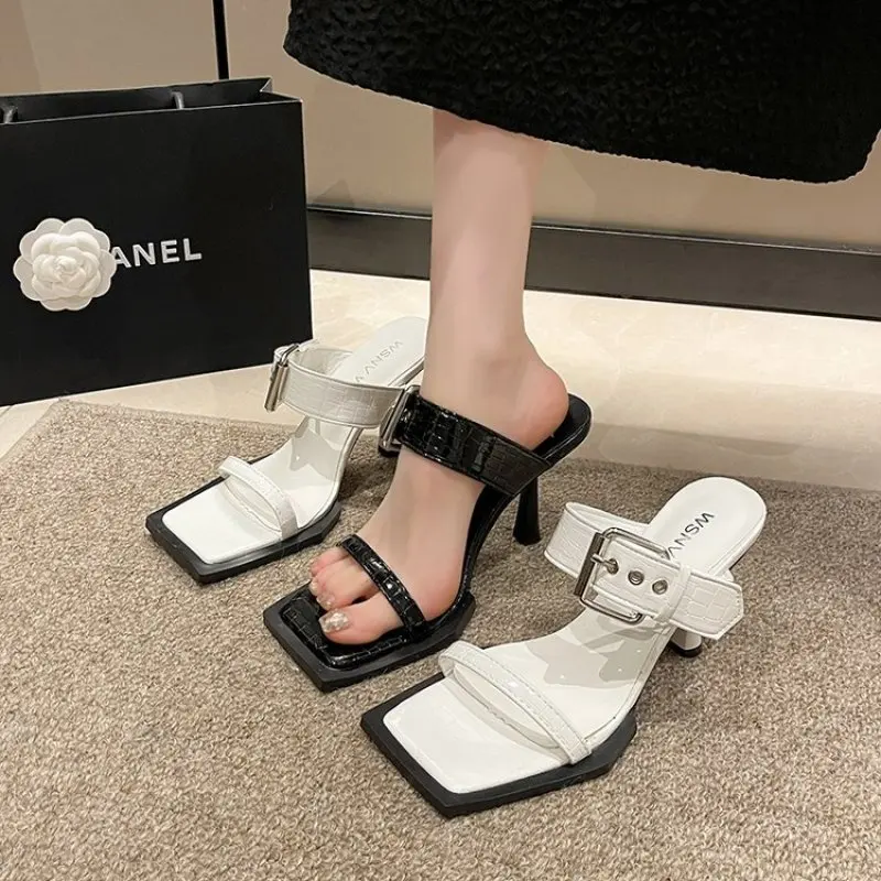 

Fashion Women Slippers Belt Buckle Outside Slides Mules Thin High Heels Black Shallow Slip On Summer Sexy Pumps Sandals Pumps