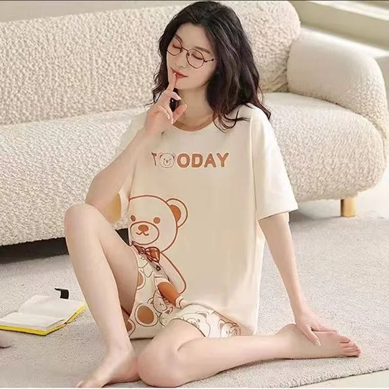 Summer New Ladies Pajamas Loungewear Set Plus Size Pajamas Women's Summer Short Sleeve Shorts Teen Student Pajamas Loungewear