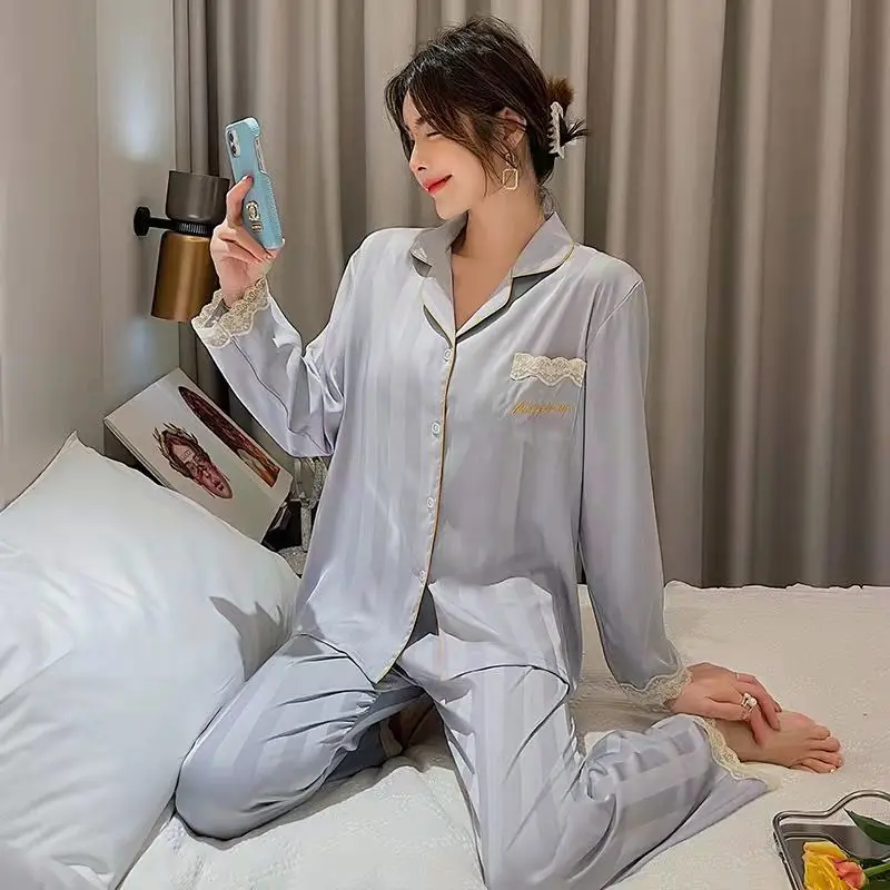 2022 Summer New Light Luxury Ice Silk Pajamas Women Clothing Long-sleeved Soft Loose Thin Homewear Suits FashionClothingBoutique