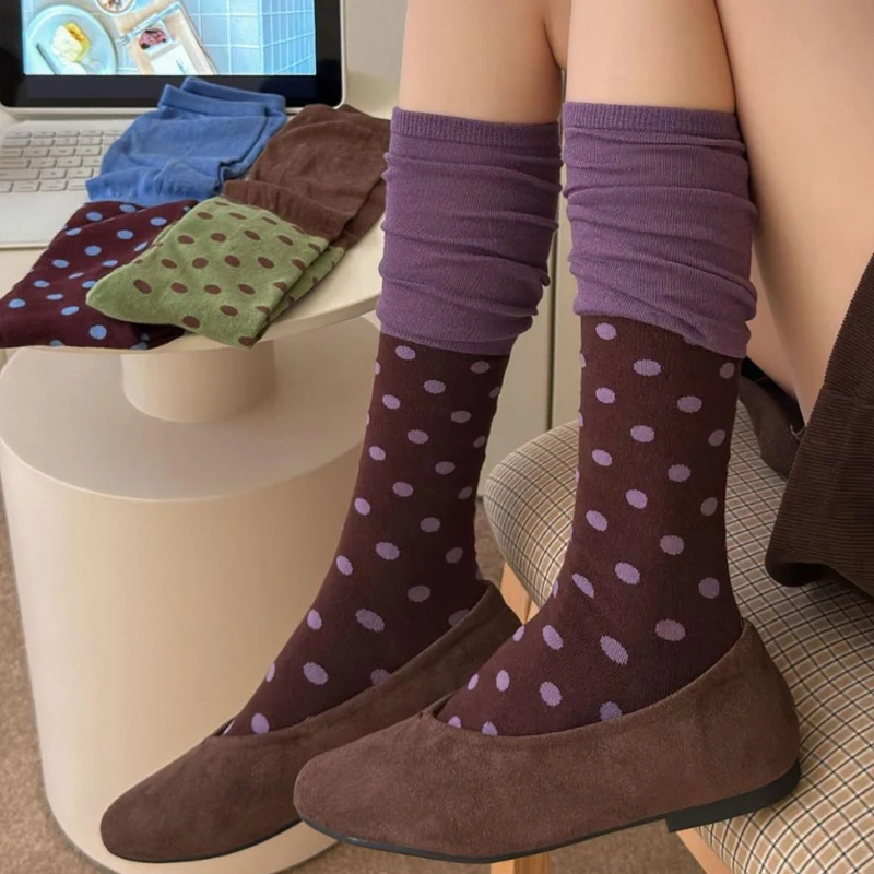 Women Blocked Dots Slim Stacked Socks Fashion Color Blocking Cute Polka Dots Stockings for Women Autumn Winter Cotton Long Socks