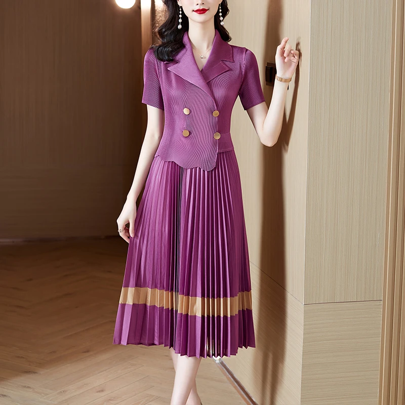 Elegant Women Notched Collar Pleated Midi Dress 2024 New Miyake Summer Purple Hit Color Striped Double-Breasted Elastic Clothes