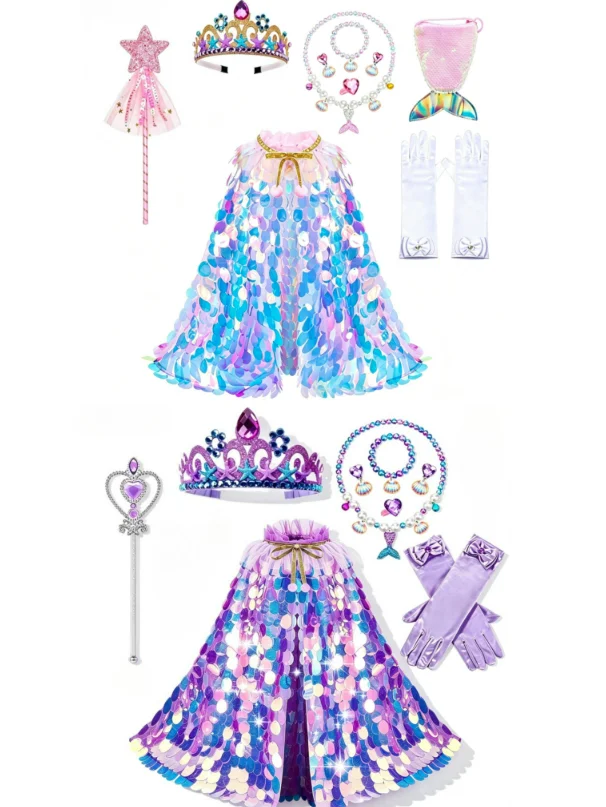 Girls Mermaid Sequin Dreamy Princess Cape With Crown Accessories Set Ocean Theme Birthday Party Dress Up Beach Casual Clothing