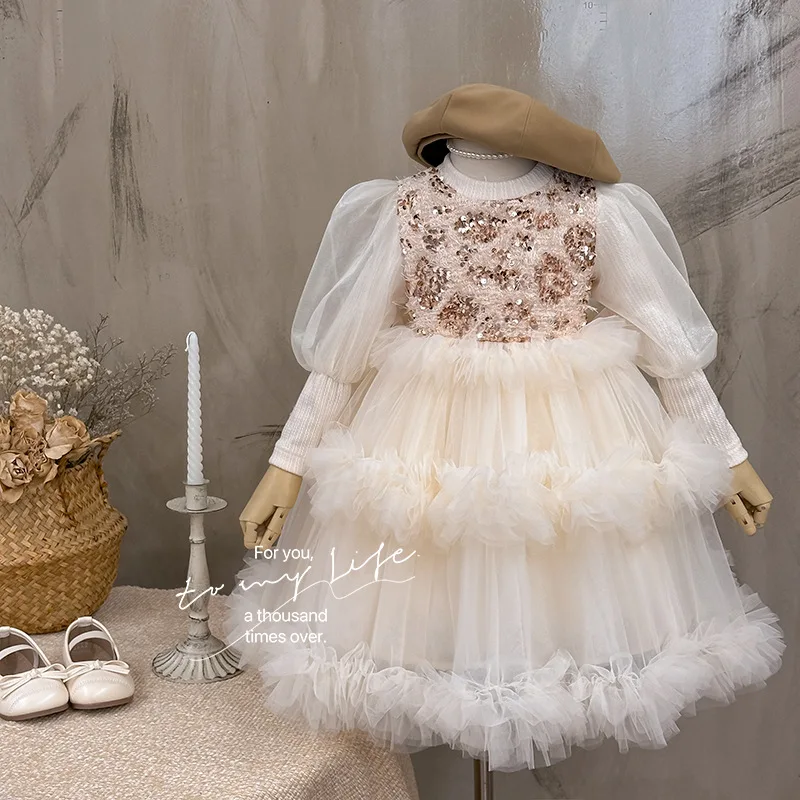 

A2025Girls Spring and Autumn New Fashionable Apricot SequinstutuPuff Sleeve Birthday Dress