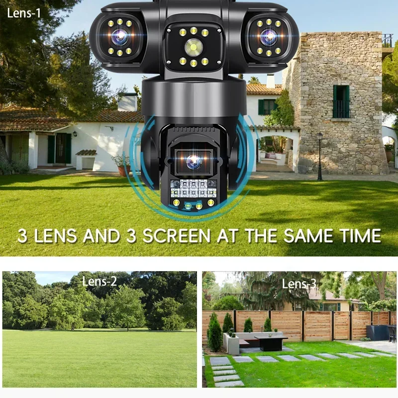 15MP PTZ WiFi Camera with Three Lens Three Screen Color Night Vision Outdoor Security IP Camera CCTV Surveillance Cam V380 App