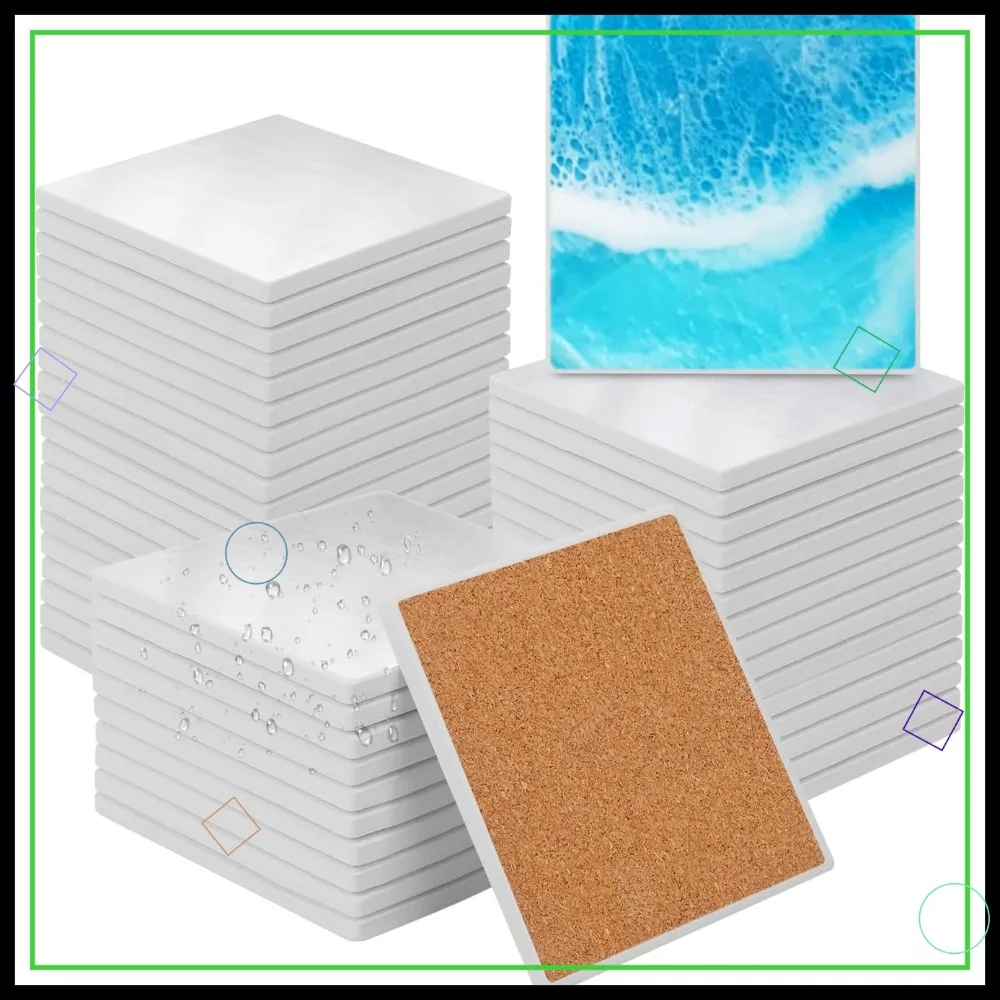 

48-Pack Sublimation Ceramic Coasters with Cork Backing, 4x4 Inch Square Glazed for Crafting & Drink Use