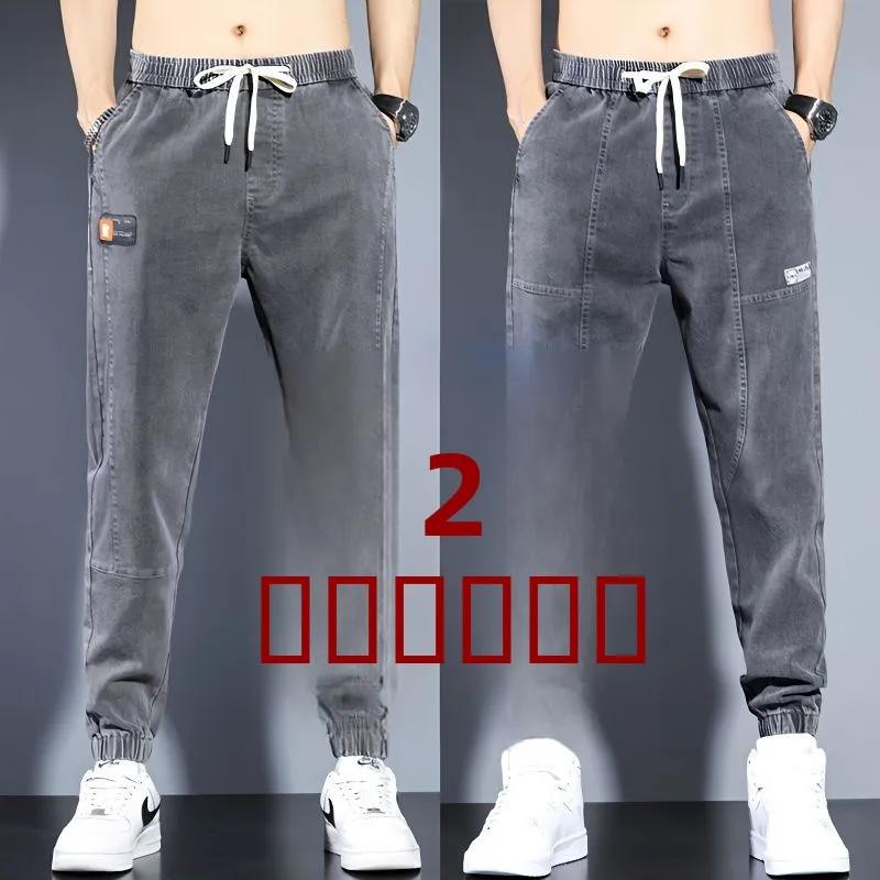 

Новые мужские летние джинсы-карго с эластичным поясом, свободные повседневные длинные брюки в стиле Харадзюку, универсальные, из смесового хлопка и полиэстера