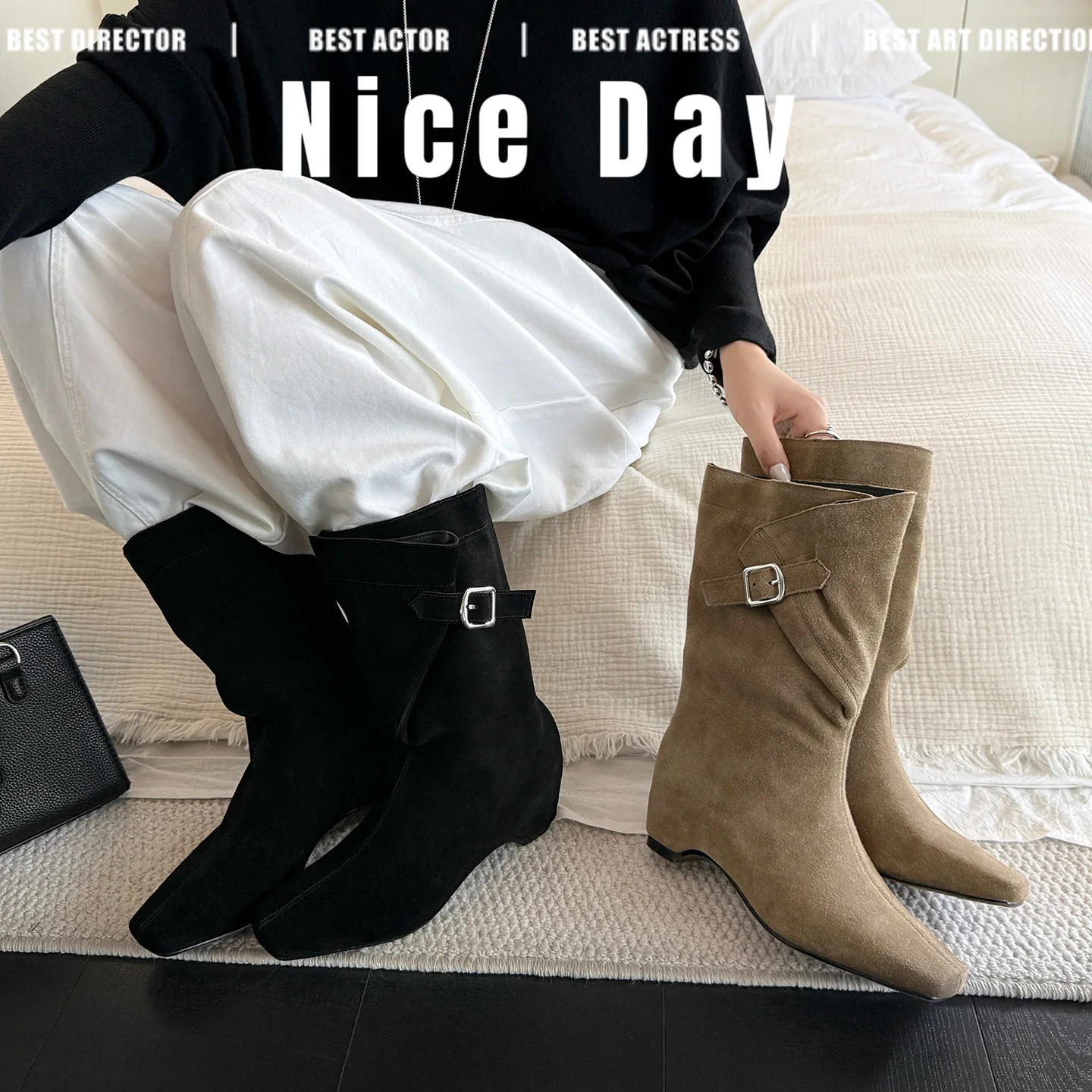 2026 new autumn winter women mid-calf boots natural leather 22-25cm cow suede+fabric+pigskin/plush square toe buckle women boots