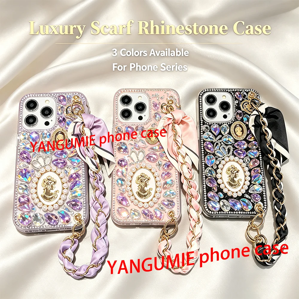 For Apple 11-17pro Max mobile phone case rhinestone queen for iPhone16 scarf wristband full diamond luxury protection