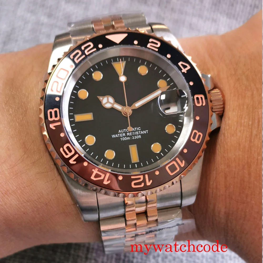 

40mm NH35A MIYOTA 8215 PT5000 Black Dial Two Tone Rose Gold Automatic Men Watch Orange Markers Dial Jubilee Bracelet Root beer