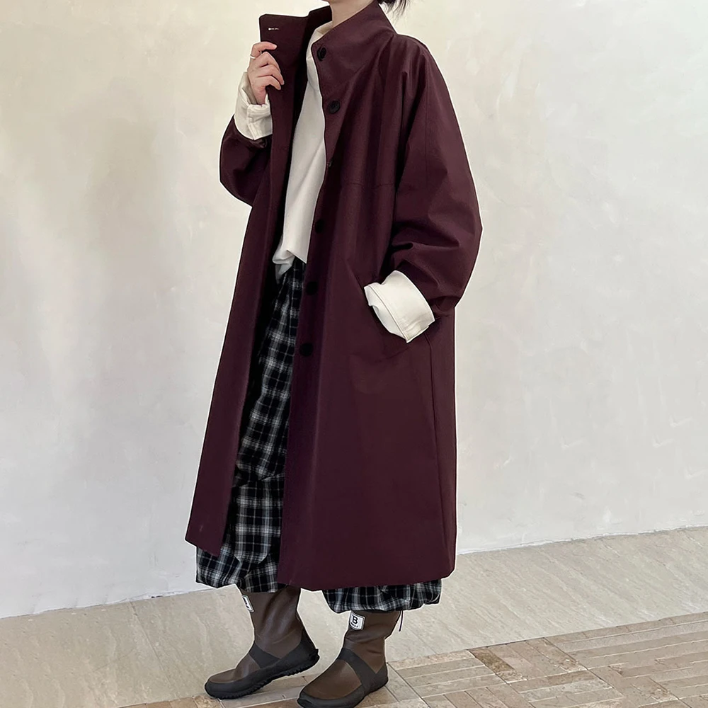 TWOTWINSTYLE Solid Loose Casual Trench For Women Stand Collar Long Sleeve Patchwork Single Breasted Minimalist Coats Female New