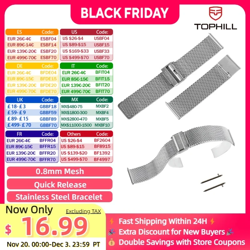 

20mm Milanese Mesh Watch Band 0.8mm Single Wire Stainless Steel Strap with Hook Clasp Quick Release for Men Mechanical Watches