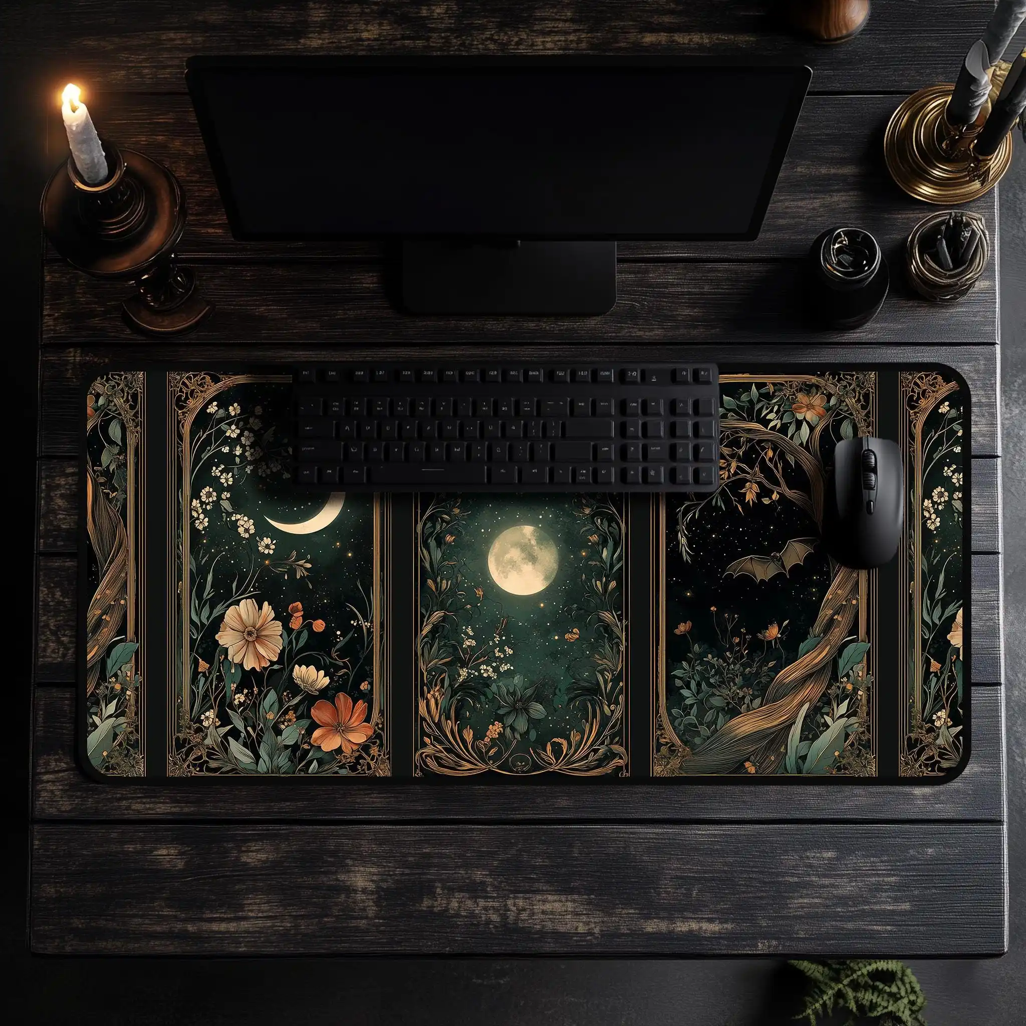 Celestial Lunar Nature Tarot Card Desk Mat Dark Green Witch Night Botanical Floral Mousepad Occult Stars Magic Mouse Moon Office