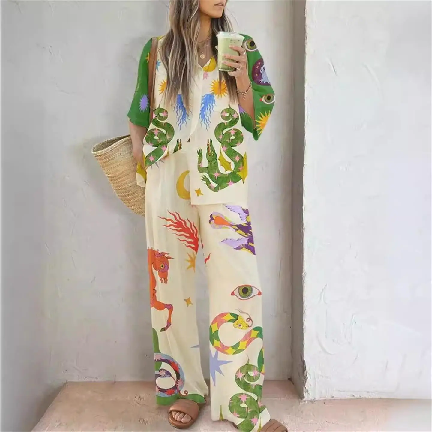 ファッショナブルなコットンリネンプリントのトップスとパンツのセット、カジュアルレトロな女性用服、ミッドウエスト、ローウエスト、PVC素材