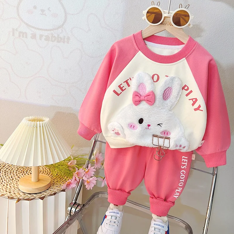 Baby clothes 2024 new children\'s bear suit boys and girls\' letter long sleeve trousers leisure two-piece simple sportswear