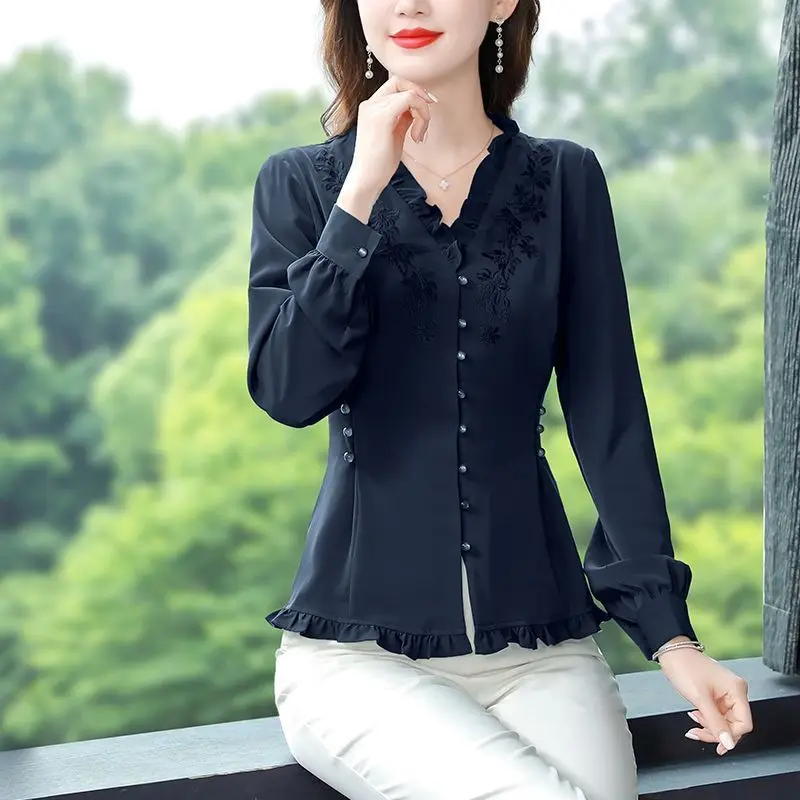 Vintage Embroidery Ruffle Elegant Fashion Shirt Spring V-Neck Solid Long Sleeve Slim Chic Top Blouse Women Blusas De Mujer 2023