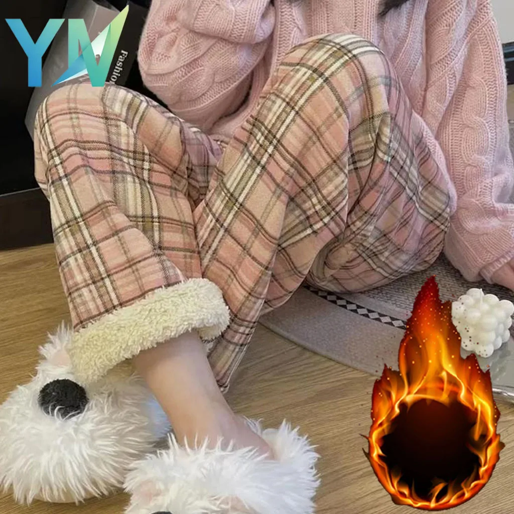 Women Winter Casual Office Outdoor Travel Home Plaid Wide Leg Pants Thick Fleece Lined High Waist Warm Cozy Soft Draping