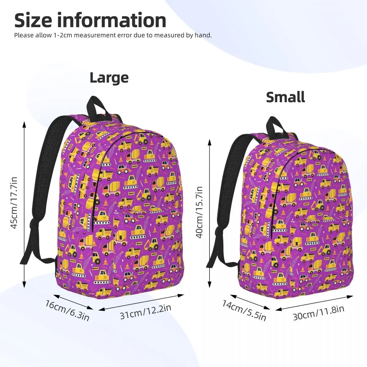 Camión de construcción en mochila púrpura brillante para niños, bolsas de libros escolares para estudiantes, paquete de día de lona, bolsa primaria preescolar con bolsillo