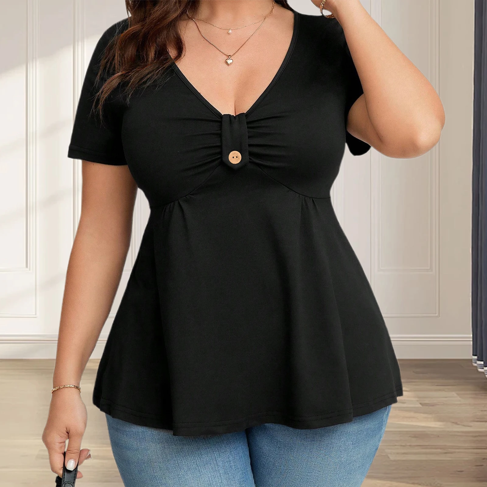 

Women Plus Size Babydoll Tops Solid Color Ruched Button V Neck Short Sleeve Ruffle Shirts Casual Summer Streetwear