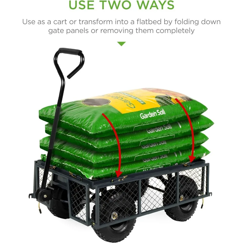 รถเข็นสวนเหล็กสำหรับงานหนัก รับน้ำหนักได้ 400 ปอนด์ ด้านข้างถอดออกได้ เหมาะสำหรับงานขนย้ายระยะไกลในสวนและสนามหญ้า