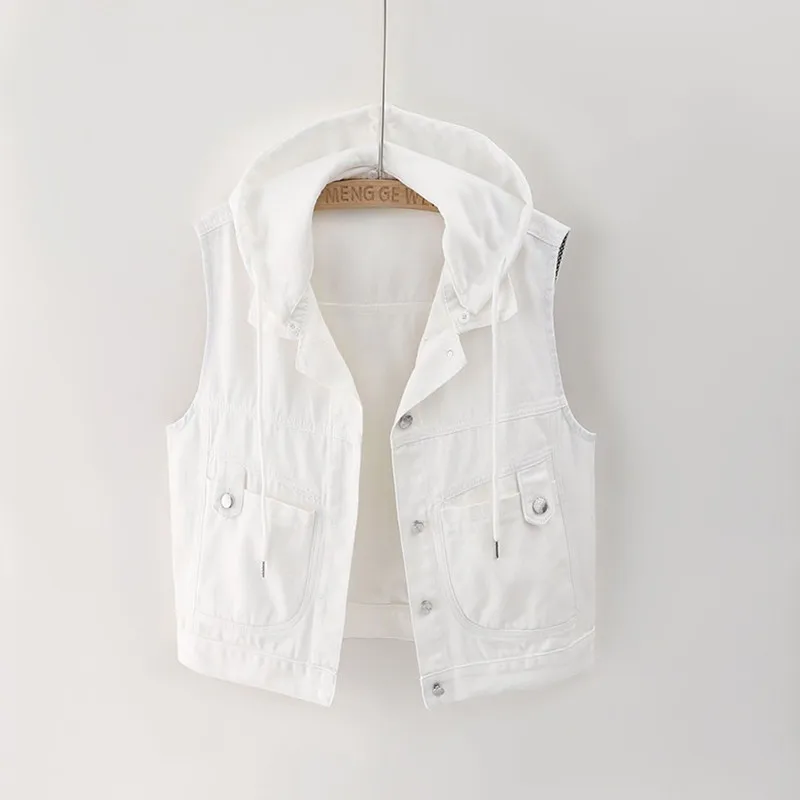 

Hooded Denim Vest Women's Spring and Autumn New Versatile Fashion Outwear Short Sleeveless Tops Summer Denim Jackets Female