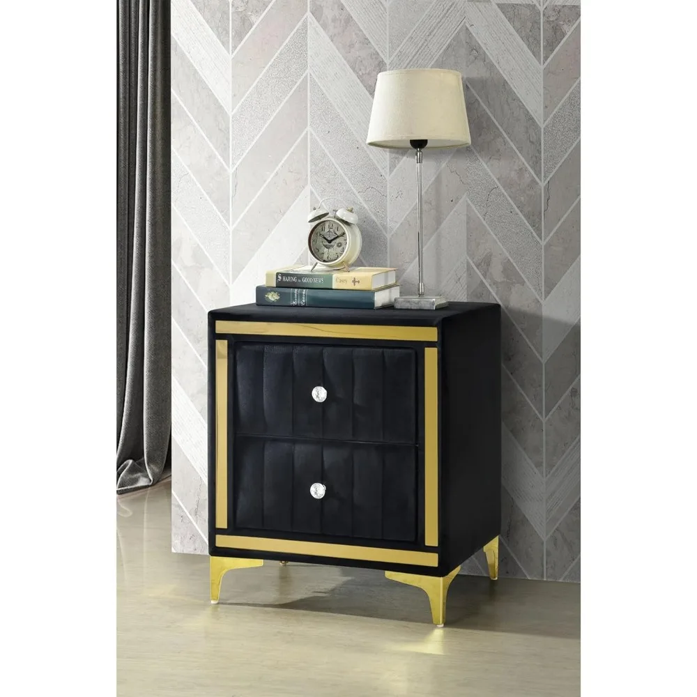 منضدة مونيك فيلفيت سوداء بأرجل ذهبية وزخرفة ومقابض كريستالية - مجمعة بالكامل