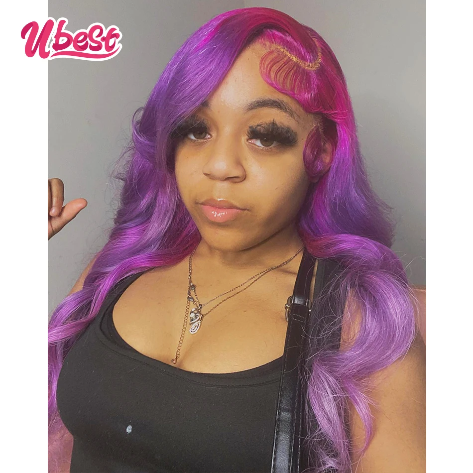 

Ombre Pink Purple 613 Colored 13X6 Body Wave Transparent Lace Front Wigs 100％Human Hair 200％Density Brazilian Hair Remy Hair Wig