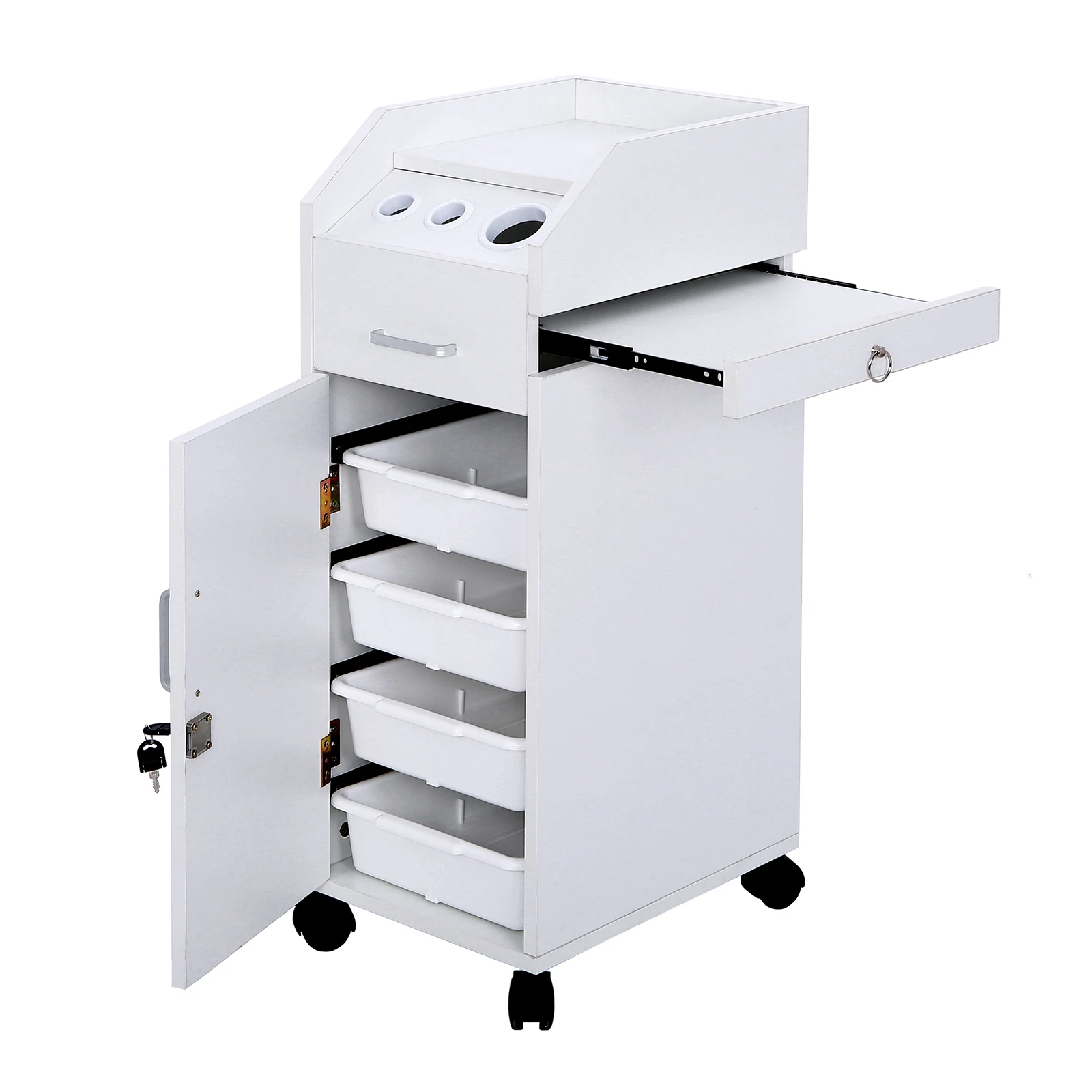 Hair Salon Storage Cart with Wheels & 3 Hair Dryer Holders & 4 Drawers & Lock & 2 Keys, White