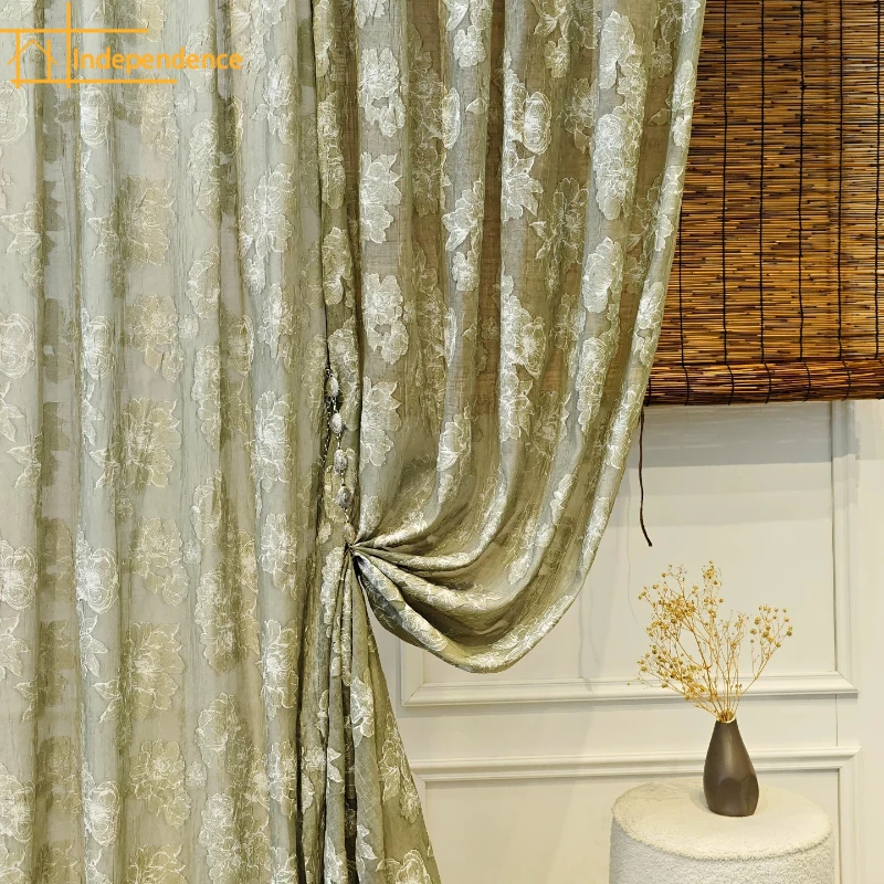 Green Relief Rose Window Curtains for Living Room Bedroom Balcony Bay Window Customized Partition Curtain Finished Product